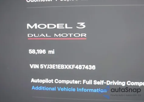 2019 Tesla Model 3 Long Range/Performance z USA, uszkodzony, nr VIN 5YJ3E1EBXKF487436